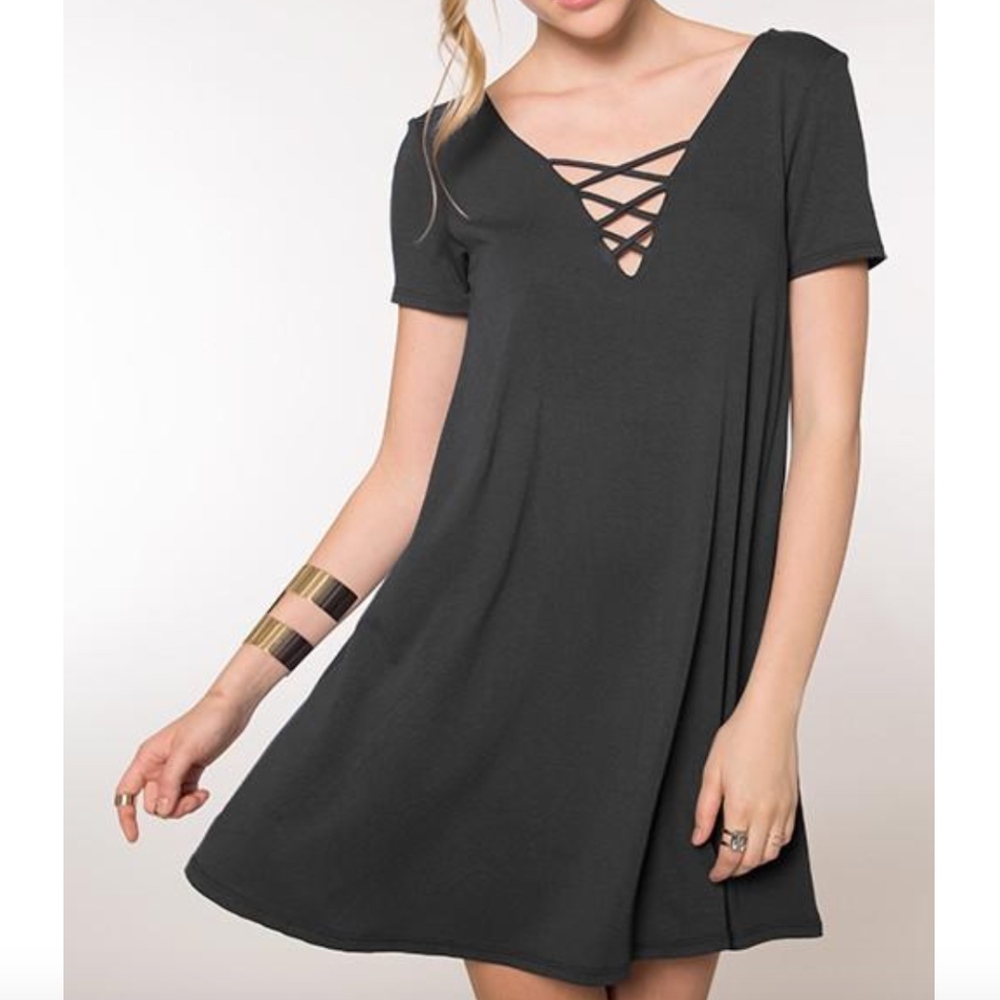 Black Lace-Up T-Shirt Dress